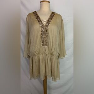 American Glamour Champagne Beaded V-Neck Peplum Tunic